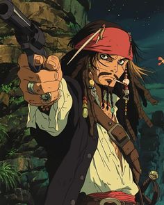 One Piece Jack Sparrow, Pirate Anime Art, Jack Sparrow Anime, Jack Sparrow Cartoon, Jack Sparrow Dibujo, Pirates Of The Caribbean Wallpaper, Pirates Wallpaper, Pirate Wallpaper, Jack Sparrow Drawing