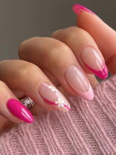 hot pink and baby pink French tips with flowers Hot Pink Oval Nails Designs, Trendy Nails Hot Pink, Pink Holiday Nails Summer, Pink Neon Nails Summer, Hot Pink Summer Nails Designs, White And Hot Pink Nails, Hot Pink Flower Nails, Purple Pink Nails, Hot Pink Summer Nails