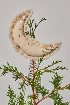 a tree branch with a half moon hanging from it