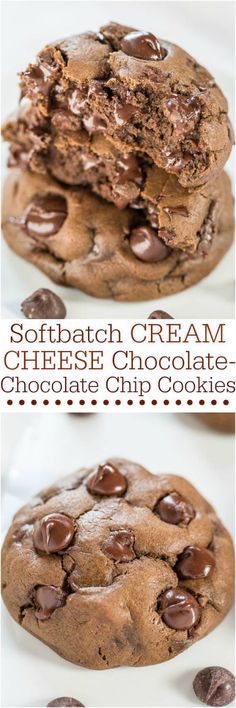 chocolate chip cookies are stacked on top of each other with the words softbath cream cheesecake chocolate chip cookies