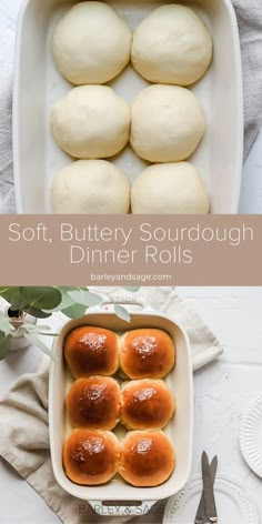 soft, buttery sourdough dinner rolls in a casserole dish