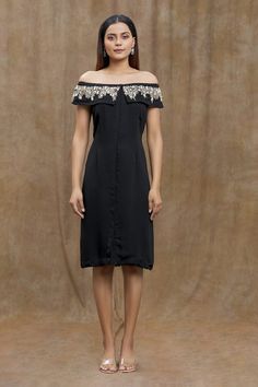 Black off-shoulder dress with zari thread, pearl embellishment in floral pattern on neckline. - Aza Fashions Elegant Embellished Midi Dress For Festive Occasions, Elegant Summer Festive Midi Dress, Festive Fitted Off-shoulder Dress, Chic Off-shoulder Embellished Dress, Elegant Dress With Floral Embroidery And Straight Neckline, Silk Party Dress With Embroidered Neckline, Elegant Silk Dress With Embroidered Neckline, Festive Evening Dress With Embroidered Neckline, Fitted Off-shoulder Dress For Festive Occasions