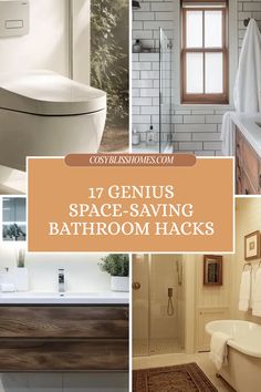 Explore 17 creative space-saving bathroom hacks in this pin. Featuring 4 images including a wall-mounted toilet, floating vanities, and tips for maximizing small bathroom layouts, you'll discover how to create a stylish and functional bathing area in tight spaces.