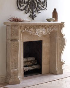 an ornate fireplace in the corner of a room