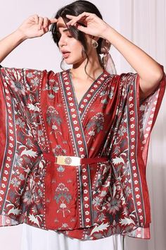 Shop for Soup by Sougat Paul Red Cotton Silk Printed Kaftan And Pant Set for Women Online at Aza Fashions Red Bohemian Floral Print Sets, Red Floral Print Kaftan With Kimono Sleeves, Red Kaftan With Floral Print And Kimono Sleeves, Red Floral Print Kaftan For Spring, Traditional Red Printed Kimono, Red Kimono For Spring Festivals, Red Spring Festive Kimono, Spring Festive Red Kimono, Festive Red Kimono With Kimono Sleeves