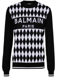 black wool knitted construction jacquard diamond pattern intarsia-knit logo striped edge ribbed cuffs and hem round neck long sleeves straight hem Balmain Shirt, Balmain Sweater, Paris Logo, Balmain Paris, Jersey Outfit, Jacquard Sweater, Balenciaga Triple S, Brown Sweater, Sweaters Knitwear