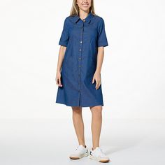 Nina Leonard Denim Button Front Float Dress     With a just-right length, this button-front denim dress creates the perfect casual-chic look every time. Casual Dresses With Button Cuffs In Relaxed Fit, Medium Wash Button-up Dress For Daywear, Casual Button Front Midi Shirt Dress, Casual Midi-length Shirt Dress With Placket, Chic Cotton Denim Dress With Button Closure, Casual Midi Length Shirt Dress With Placket, Casual Knee-length Denim Dress For Work, Casual Knee-length Dresses With Buttoned Pockets, Chic Denim Dress With Button Closure