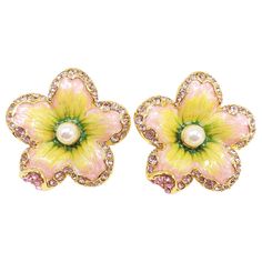 Jay Strongwater “spring Blossom” Enamel, Crystal And Simulated Pearl Earrings Jay Strongwater, Jeweled Earrings, Pink Enamel, Spring Blossom, Flower Tops, Green And Pink, Floral Earrings, Pink Crystal, Flower Power