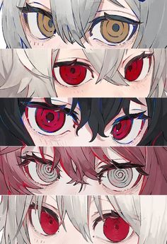 three different anime faces with red eyes and white hair, one in the foreground