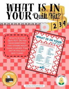 "Quilt Games, What Is In Your Quilt Kit?, Guild Games, Quilt Retreat Activities, Quilt Guild, Quilty Cobb, Printable Games, Digital Download Take the stress out of your next quilt meeting!  Add the fun with \"WHAT IS IN YOUR QUILT KIT?\" Each person gets a set amount of points for specific items they have in their quilt kit! QUILT GAME, Instant Digital Download, Printable Game, Quilty Cobb Digital downloads make life easier, NO SHIPPING and you get it immediately! **Please note- this is NOT A PH Quilt Games, Quilt Guild Programs, Quilters Quotes, Retreat Activities, Sewing Retreats, Craft Retreat, Retreat Ideas, Quilt Retreat, Answer Sheet