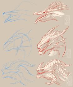 three different types of dragon's head and body in red, white and blue