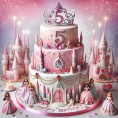 a pink birthday cake with princess figures and candles on the top is surrounded by other cakes