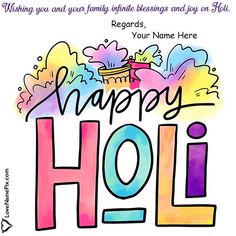 a happy holi greeting card with colorful lettering