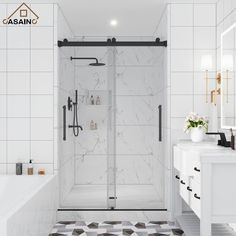 a white bathroom with black and white tile flooring on the walls, shower stall door, sink and bathtub