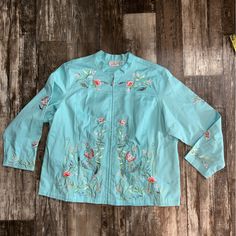 Aqua Blue 2x Women’s Quacker Factory Embroidered Sequined Butterfly Floral Nwot Casual Outerwear With Floral Embroidery And Stand Collar, Blue Embroidered Outerwear For Spring, Blue Stand Collar Outerwear For Spring, Fall Floral Embroidery Tops With Stand Collar, Spring Outerwear With Floral Embroidery And Stand Collar, Floral Embroidered Stand Collar Outerwear For Spring, Cotton Outerwear With Floral Embroidery And Stand Collar, Blue Long Sleeve Outerwear With Floral Embroidery, Blue Cotton Outerwear With Floral Embroidery