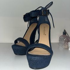 Never Worn Been Sitting On A Shelf. Bought Them On A Whim And Never Found The Right Outfit For Them. Elastic On Ankle Strap With A Standard Buckle Closure. Lacing In The Back Is Pointless, Just Cute!! Chic Denim Platform Heels, Casual Denim Platform Heels, Casual Fitted Wedge Heels, Blue Fabric Casual Heels, Casual Blue Fabric Heels, Blue Denim Platform Heels, Denim And Lace, Shoe Dazzle, Womens Shoes Wedges