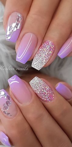 Spring Nail Dip Designs, Wedding Nails With Purple Accent, Wedding Purple Nails, Wedding Nails With Purple, Med Length Nails Ideas, Purple Nails For Wedding, Purple Nails Wedding, Ombre Purple Nails, Purple Nails Ombre