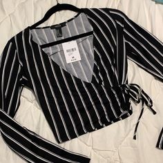 Black Striped Crop Top With A Tie On The Left Side! Brand New Never Worn, With Tags! Striped V-neck Top For Party, Striped Tops For Summer Nights Out, Long Sleeve Crop Top For Summer Nights Out, Forever 21 Casual Crop Top For Date Night, Casual Forever 21 Crop Top For Date Night, Forever 21 Casual Tops For Going Out, Summer Halter Tops, Lace Peplum Blouse, Light Blue Top