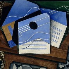 an abstract painting with blue and black shapes on it's surface, including books