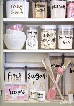 the shelves are filled with different types of kitchen items and labeled sugars on them