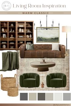 the living room is decorated in green and brown with neutral accents, including leather furniture