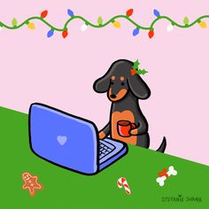 a dog is sitting in front of a laptop with a cup of coffee on its lap