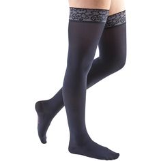 For compression therapy, the Mediven Comfort line brings fashion-forward, subtle style and ultimate comfort throughout the day. Crafted for durability and featuring a Comfi-Foot design, these thigh-highs use 15-20 mmHg graduated compression for improved leg health. With moisture and temperature control, odor prevention, and antimicrobial protection, they are the perfect choice for an enriched leg-wear experience. For those dealing with tired, achy legs, occupational swelling, edema, varicose vei Elegant Full-length Black Hosiery, Elegant Black Full-length Legwear, Elegant Full Length Black Legwear, Elegant Full-length Black Legwear, Elegant Thigh High Compression Stockings, Elegant Thigh-high Compression Stockings, Elegant Compression Thigh High Stockings, Elegant Lace Tops, Vein Health