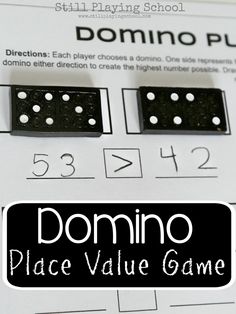 domino place value game with the words domino on it and two black dices in front