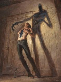 a painting of a man being held back by a giant shadow