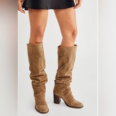 Nwot See Pictures For Condition Chic Beige Suede Knee-high Boots, Chic Knee-high Boots With Suede Lining And Round Toe, Slouchy Leather Boots, Free People Booties, White Shoes Heels, Free People Boots, Custom Cowboy Boots, Stacked Heel Boots, Tan Leather Boots