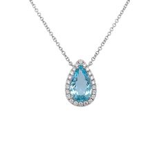 This 18K gold-weighted necklace features a beautiful pear-shaped aquamarine gemstone haloed by smaller gems for a timeless look. Perfect for any special occasion, its classic elegance will never go out of style. GEM 3.96 OV AQUAMARINE SIDE 0.49 RD TCW 22 PCS. F-G VS2 Halo Necklace, Aquamarine Gemstone, Aquamarine Blue, Classic Elegance, Pear Shape, Go Out, Out Of Style, Pear Shaped, Aquamarine