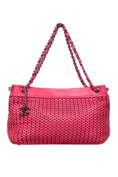 Add a pop of color to your outfit with this hot pink woven leather shoulder bag from Chanel. The silver woven chain adds a touch of elegance, making it the perfect Barbie dream bag. Say goodbye to boring purses and hello to fashion-forward fun! Made in Italy 100% Leather Fabric lining Magnetic button top closure One interior zipper pocket Date code: 988092 Minor wear on lining Height 8.75" Width 11.5" Depth 4.75" Handle drop 10" Chanel Purse, Woven Chain, Pink Chanel, Buy Shoes Online, Leather Weaving, Barbie Dream, Luxury Shop, Leather Fabric, Pink Leather