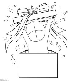 a black and white drawing of a box with a ribbon tied around it's top