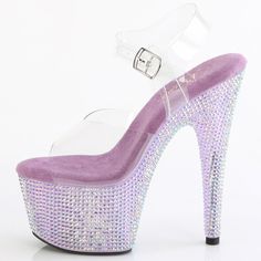 7" High Heel, 2 3/4" Platform Rhinestone Shoes. Clear And Lavender Purple Stones. Ejeb-708rrs Purple Rhinestone Heels With Round Toe, Purple Rhinestone Round Toe Heels, Purple Rhinestone Wedding Heels, Gold Chunky Heels, Silver Low Heels, Cute Black Heels, Dorsay Heels, Yellow Pumps, Clear High Heels