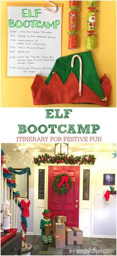 the elf boot camp is on display in front of a red door and green christmas wreath