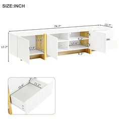 an image of a white cabinet with drawers and measurements on the bottom side by side