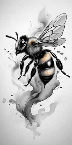 a drawing of a bee flying through the air with water splashing on it's back