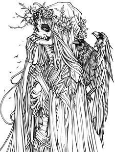 a black and white drawing of an angel with two birds on her shoulder, surrounded by flowers