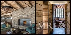 the interior of a rustic cabin with wood paneling and stone fireplace