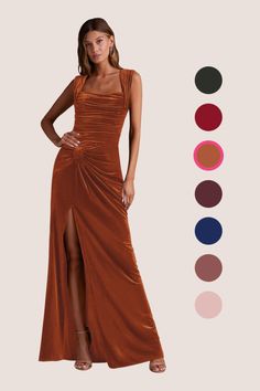 a woman in a long brown dress standing next to color swatches and the colors