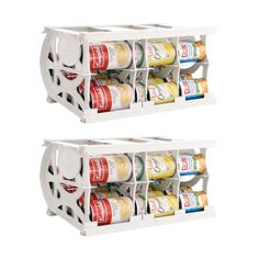 two white spice racks holding spices and condiments