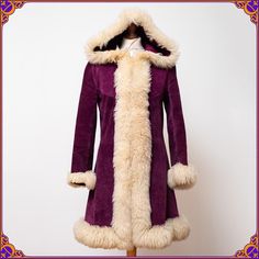 These are so rare to find from this era  This beauty is made from genuine purple suede with real curly lamb shearling trim. It has hood & front hooks.  So extremely beautiful & rare ICONIC vintage collectable 1960's / 1970's shearling sheepskin coat!  ⫸True Vintage! 60's 70's WOODSTOCK Era. Made in London/England ⫸ Very unique style with real  sheep fur! ⫸ AMAZING timeless design ⫸  This warm & snuggly beauty is sure to be the star of your wardrobe! ⫸ Condition: This is a VINTAGE Item, a true wo Bohemian Winter Costume Outerwear, Vintage Winter Costume Outerwear, Gucci Cape, Afghan Coat, 1970s Hippie, Lilli Ann, Sheepskin Coat, Penny Lane, Purple Suede