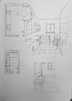 three drawings of kitchen and living room areas