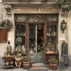 a painting of a store front with pots and vases