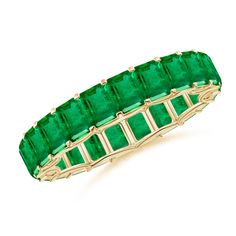 The refined beauty and brilliance of emerald-cut emeralds are showcased on this splendid full eternity wedding ring. Scalloped metal detailing decorates this band and offers an elegant front view. Eternity Wedding Ring, Front View, Emerald Ring, Emerald Cut, Prong Setting, Wedding Ring, Platinum, Emerald, Wedding Rings