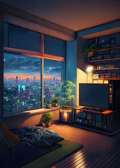 a room with a large window overlooking the city at night