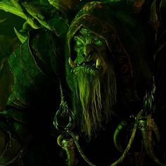 an evil looking man with green eyes and long hair in a dark forest, holding two chains