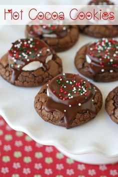 chocolate cookies with white and red sprinkles are on a plate next to a spoon