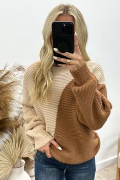 Half & Half Sweater (Oatmeal/Camel) - Happily Ever Aften Night In With Friends, Half Sweater, Badass Style, Boutique Style, Pinterest Closet, Mini Shirt Dress, Style Blog, Mom Style, Night In