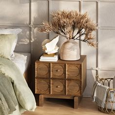 a bedroom scene with focus on the bed and vases sitting on top of the night stand